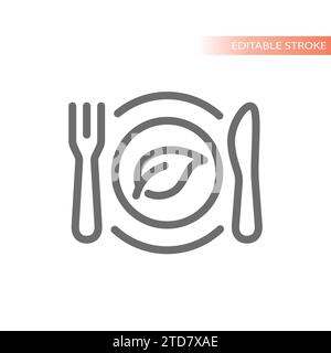 Vegane Mahlzeit, Gabel und Messerlinie. Vegetarisches Gericht mit Teller und Blattkonturvektor. Stock Vektor