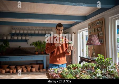 Junger Mann, der die Pflanze im Geschäft wählt, indem er Fotos macht und Informationen in mobilen Anwendungen liest Stockfoto