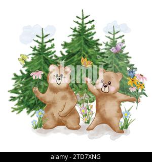 Aquarellbär. Illustration für Kinder. Bär im Wald mit Blumen und Schmetterlingen. Handzeichnung. Stockfoto