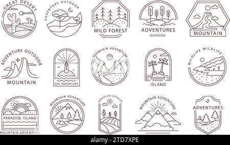 Line-Art-Adventure-Abzeichen. Gestalten Sie Reisemembleme mit Outdoor-Landschaften. Minimaler Berg-, Insel-, Wüste- und Wildwald-Tags-Vektor-Set Stock Vektor
