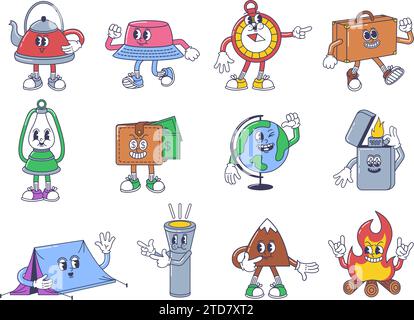 Cartoon-Reisemaskottchen. Abenteuer-Charaktere, Campingzelt, Taschenlampe, Lagerfeuer und Berg. Teekanne, Kappe, Kompass und Koffer Stock Vektor