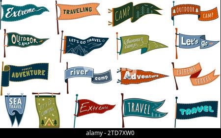 Reisewunder. Sommercamp, Reise und Campingfahnen. Abenteuer und Reisen Banner Vektor Set Stock Vektor