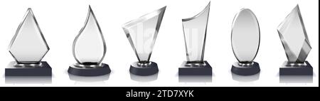 Trophäe aus Glas. Kristallklare Auszeichnungen für Zeremonie, Wettbewerbssieger oder Preisträger isolierte Vektor-Illustration Set Stock Vektor