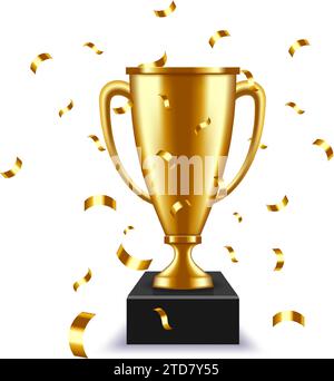 Goldene Tasse. Turnierpreis, goldene Trophäe mit fallendem Konfetti. Vektor-Illustration für die Belohnung des Gewinners Stock Vektor