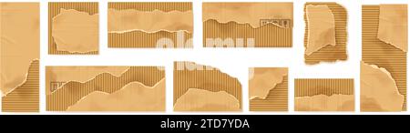 Zerrissene Pappstücke. Beschädigte Paperboard Blatt Textur Schrott mit gezackten Kanten, Herstellung und Versand Verpackung isolierte Vektor Illustration Set Stock Vektor