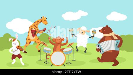 Cartoon Forest Animals Konzert. Niedliche Zoomusiker spielen Musik mit Musikinstrumenten, wilde Jazzband und Tierfiguren Stock Vektor