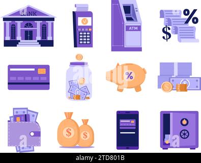 Abbildungen zum Bankwesen. Bankgebäude, Fintech-Symbole und Kreditkarte. Geldautomat, Geld- und Finanzvektorsatz Stock Vektor