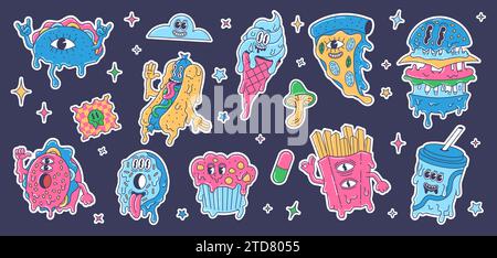 Trippige Cartoon-Fast-Food-Aufkleber. Geschmolzener Burger, verrücktes psychedelisches Junk Food und saures Streetfood Trip Vektor-Illustration Set Stock Vektor