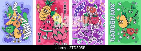 Comic-Fruchtmischung. Multivitamin, tropische Früchte und Beeren Garten Mix Poster mit 1930s Maskottchen Zeichen Vektor Illustration Set Stock Vektor