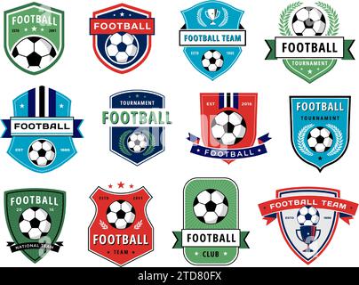 Fußball-Emblem. Fußballmannschaftsabzeichen mit Fußball-Symbol, Sport Club Label Design Vorlage Vektor Set Stock Vektor