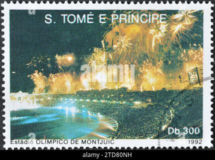 Gestempelte Briefmarke gedruckt von São Tomé und Príncipe, die die Eröffnungszeremonie von Barcelona, Olympische Sommerspiele 1992 - Barcelona, um 1992 zeigt. Stockfoto