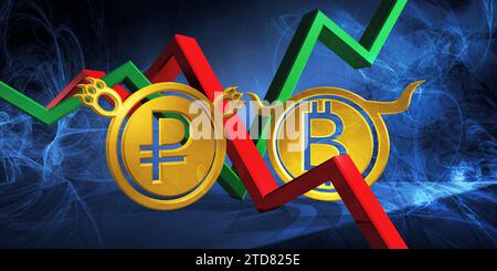 Bullische btc-Währung zu bärischer Ruder-Währung. Devisenmarkt 3D-Darstellung von starkem Bitcoin zu schwachem russischen Rubel. Geld wird als goldene Münze dargestellt Stockfoto