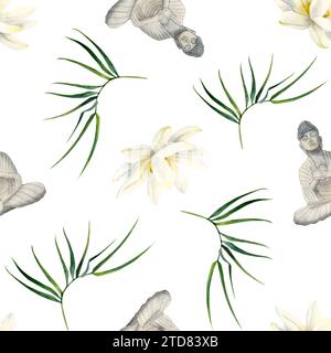 Buddha, Lotusblüten mit Bambuszweigen nahtloses Aquarellmuster auf weiß. Buddhistischer Kulturhintergrund Stockfoto