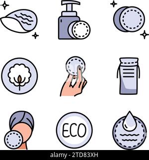 Farbsymbole für Wattepads. Runde Baumwollpolster, flache Symbole. Make-up, Hygieneprodukte Vektor Illustration. Symbolsatz für Baumwollschwämme. Isolierte Schilder auf W Stock Vektor