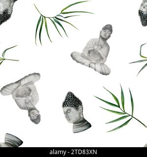 Buddha-Statuen mit asiatischen Bambuszweigen und nahtlosem Aquarellmuster auf weiß. Hintergrund des Buddhismus Stockfoto