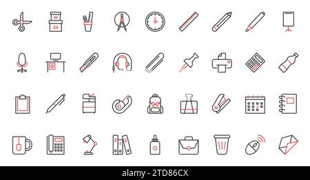 Schere, Marker und Bleistift im Halter und Karton, Papierdokument auf flipboard oder Klemmbrett. Büro- und Schulbedarf, Schreibwaren und Ausrüstung trendige rote, dünne Linien Symbole stellen Vektorbilder dar. Stock Vektor
