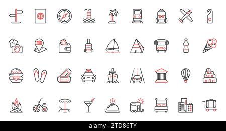 Touristenpass, Strandpool und Koffer, Eintrittskarten für Museumsarchitektur, Kamera und Karte. Trendige rote schwarze Symbole mit dünnen Linien für Reisen stellen die Vektordarstellung ein. Stock Vektor