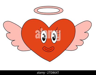 Herz-Engel-Charakter zum Valentinstag. Maskottchen im groovigen Y2K-Stil. Vektor-Zeichentrick-Illustration. Stock Vektor