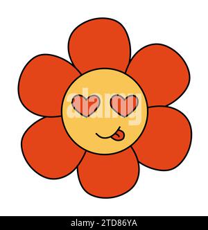 Retro 70er 60er 80er Jahre Hippie Groovy niedliche Blume zeigt Zunge. Augen Herzen. Lächelndes Gesicht. Valentinstag-Element. Blumenkraft. Vektorabbildung Stock Vektor