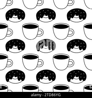 Kaffeetasse und Donut mit nahtlosem Muster für Zuckerguss und Streusel. Schwarzer Doodle-Stil. Hintergrund zu Vektorgetränken und Lebensmitteln. Stock Vektor