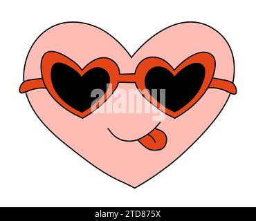 Herz-Rosa-Charakter für Valentinstag in Sonnenbrille. Lächle und zeige die Zunge. Maskottchen im groovigen Y2K-Stil. Vektor-Zeichentrick-Illustration. Stock Vektor