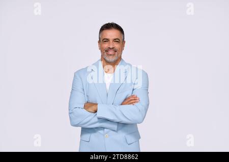 Glücklicher Geschäftsmann mittleren Alters, isoliert auf weißem Hintergrund, Porträt. Stockfoto