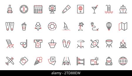 Gepäckschiff Kreuzfahrt tropisches Ziel, Cocktail und Badesachen für Poolparty, Tauchmaske und Rucksack. Sommerurlaub am Strand und Reisen trendige rote, dünne Linien-Symbole stellen Vektorbilder dar. Stock Vektor