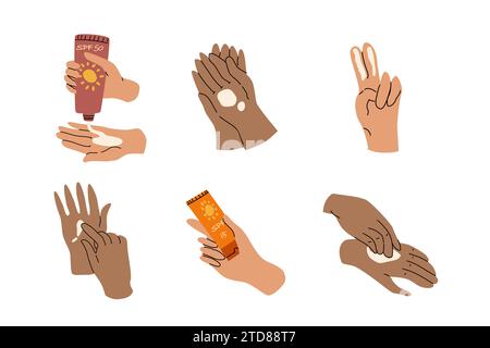 Set aus verschiedenen Hautfarben Hände mit Sonnenschutzcreme. Vektorillustration isoliert, Set enthält dunkle Haut und helle Haut. Stock Vektor