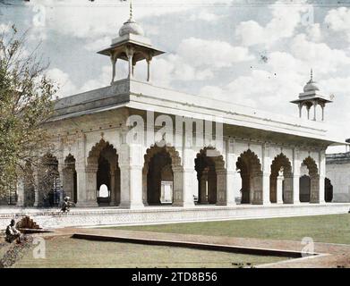 Delhi, Indien die Halle des privaten Publikums (Diwan-i-Khas) im Roten Fort (Lal Qila), Habitat, Architektur, Kaiser, Festung, Bogen, Arkade, Bogen, Galerie, Palast, Schloss, '5. Januar - Blick auf 'Set of the Audience Hall of the Delhi Palace'. Indien, Delhi, die Zuschauerhalle des Palastes, Delhi, 05/01/1914 - 05/01/1914, Passet, Stéphane, Fotograf, 1913-1914 - Inde, Pakistan - Stéphane Passet - (16. Dezember-29. Januar), Autochrome, Foto, Glas, Autochrome, Foto, Horizontal, Format 9 x 12 cm Stockfoto