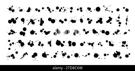 Grunge Design Elements, Tintentropfen und Spritzer. Fleckenflecken, Tropfspritzer für flüssige Lacke und Tintenflecken. Stock Vektor