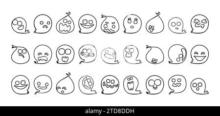 Doodle Line Art Cute Ghosts Haloween Great Collection. Stock Vektor