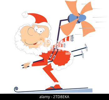 Skifahren Santa Claus Illustration. Wintersport. Der Weihnachtsmann versucht mit einem Propeller schneller Ski zu fahren. Isoliert auf weißem Hintergrund Stock Vektor