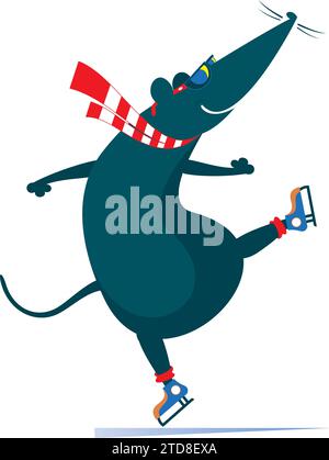 Niedliche Ratten- oder Mausschuhe. Wintersport. Niedliche Ratte oder Maus, ein Skater. Isoliert auf weißem Hintergrund Stock Vektor