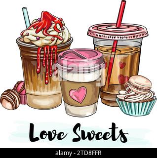 Romantische Komposition von Getränken und Süßigkeiten für Anlässe im Zusammenhang mit der Liebe: Valentinstag, romantisches Datum, Digitaldruck, T-Shirt-Design, Aufkleber Stock Vektor