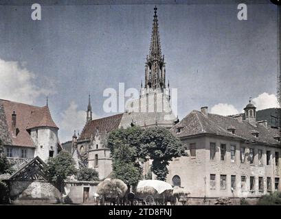 Thann, Oberrhein, Elsass, France Place, Alltagsleben, erster Weltkrieg, Wohngebäude, Architektur, Kirche, Straßenszene, Front, Street, District, Place, Frankreich, Thann, Place, Thann, 06.06/1917 - 06.06.1917, Castelnau, Paul, 1917 - Elsass - Paul Castelnau (fotografischer Teil der Armee) - (Juni), Autochrome, Foto, Glas, Autochrome, Foto, positiv, Horizontal, Format 9 x 12 cm Stockfoto