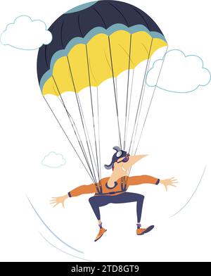 Cartoon Skydiver man. Der Fallschirmspringer hat Spaß am Springen. Isoliert auf weißem Hintergrund Stock Vektor