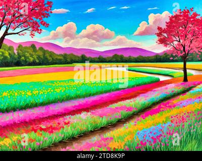 Bunte Lavendelfelder im Frühling (Malerei) Neo-Impressionismus. Stockfoto