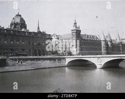 Paris (1. Arr.), Frankreich La Conciergerie und der Pont au Change vom Quai de Gesvres, Habitat, Architektur, Kunst, Fluss, Turm, Bauingenieurwesen, öffentliche Bauarchitektur, Kai, Mittelalter, Kuppel, Kuppel, Palast, Schloss, Brücke, Frankreich, Paris, der Concierge-Service von der Pont neuf, Conciergerie, Palais de Justice, 05/07/1917 - 05/07/1917, Léon, Auguste, Fotograf, Autochrome, Foto, Glas, Autochrome, Foto, positiv, Horizontal, Größe 9 x 12 cm Stockfoto
