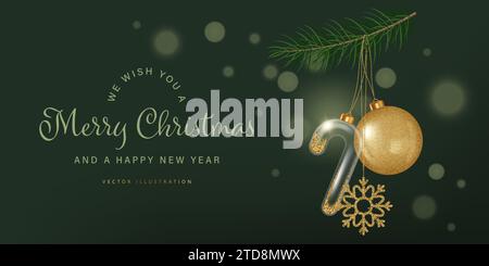 Elegantes Weihnachtsbanner mit goldenem Weihnachtsspielzeug aus Glas. Vektorabbildung in einem realistischen 3D-Stil Stock Vektor