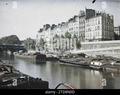 Paris (1.-6. Arr.), Frankreich der Pont Neuf und der Quai des Orfèvres vom Hafen Grands-Augustins, Habitat, Architektur, Verkehr, Fluss, Bauingenieurwesen, Kai, Boot, Hafen, Flussverkehr, see, Brücke, Frankreich, Paris, der kleine Arm der seine in Richtung Pont Neuf, Île de la Cité, 25.06/1918 - 25.06.1918, Léon, Auguste, Fotograf, Autochrome, Foto, Glas, Autochrome, Foto, positiv, Horizontal, Größe 9 x 12 cm Stockfoto