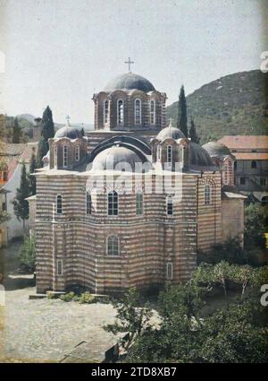 Das Kloster Esphigmenou, Griechenland, Religion, Kunst, Habitat, Architektur, Christentum, Orthodoxe Kirche, Kloster, Mittelalter, Kuppel, Kuppel, religiöse Architektur, Türkei, Esphigménou, die Kirche Esphigménou, Mont Athos, 01/09/1918 - 30/09/1918, Cuville, Fernand, 1918 - Griechenland - Fernand Cuville - (September), Autochrome, Foto, Glas, Autochrome, Foto, positiv Stockfoto