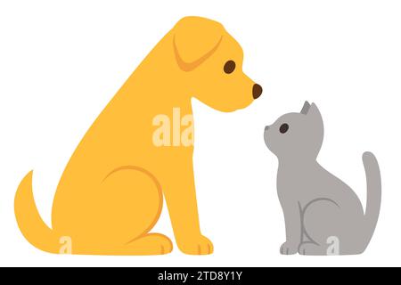 Zeichentrickkatze und Hund sitzen einander gegenüber, einfaches flaches Symbol. Goldener labrador und graues Kätzchen. Niedliche Vektor-ClipArt-Illustration. Stock Vektor