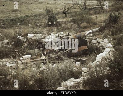 Sancy, Aisne, Frankreich, Erster Weltkrieg, Cannon, Ruinen, Front, Artillerie, Nachkriegszeit, Frankreich, Sancy, in der Nähe des Dorfes Sancy, eine verlassene Kanone (außer Betrieb), Sancy-les-Cheminots, 26.08/1919 - 26.08.1919, Cuville, Fernand, 1919 - verwüstete Regionen Nièvre, Aisne, Marne, Maas - Georges Chevalier et Fernand Cuville - (22. August -30), Autochrome, Foto, Glas, Autochrome, Foto, positiv Stockfoto