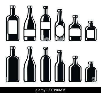 Symbole für alkoholische Getränke. Wein, Champagner, Bier, Whiskey, harter Likör. Einfache und stilvolle Schwarzweiß-Vektor-Illustration. Stock Vektor