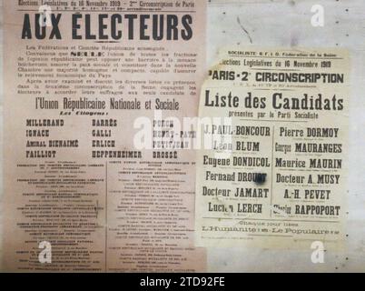 Paris, Frankreich Plakate der Nationalen und sozialen Republikanischen Union und der Sozialistischen Partei für die Parlamentswahlen im November 1919, Registrierung, Information, politisches Leben, Poster, politische Partei, Wahl, Eingliederung, Sozialismus, Kommunismus, Frankreich, Paris, Plakate für die Parlamentswahlen, Paris, 11/11/1919 - 11/1919, Léon, Auguste, Fotograf, Autochrome, Foto, Glas, Autochrome, Foto, positiv, Horizontal, Format 9 x 12 cm Stockfoto