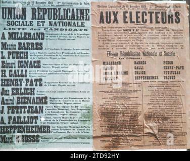 Paris, Frankreich Plakate der nationalen und sozialen Republikanischen Union für die Parlamentswahlen im November 1919, Registrierung, Information, politisches Leben, Poster, politische Partei, Wahl, Einsetzung, Frankreich, Paris, Plakate für die Parlamentswahlen, Paris, 13.11/1919 - 13.11.1919, Léon, Auguste, Fotograf, Autochrome, Foto, Glas, Autochrome, Foto, positiv, Horizontal, Format 9 x 12 cm Stockfoto