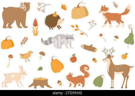 Herbst Tiere Vektor Illustration Aufkleber Packung Set. Cartoon flache Wald Herbst Saison Kollektion mit Waschbär Hirsch Hase Igel Fuchs Figuren, Baum Zweige herbstliche Pilze, Kürbis isoliert Stock Vektor