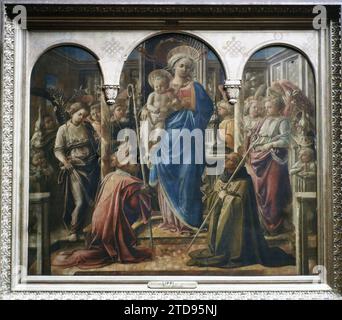 Paris (1. Arr.), Frankreich die Jungfrau und das Kind umgeben von Engeln, der Heilige Frediano und der Heilige Augustinus, bekannt als Pala Barbadori, Lippi, Louvre Museum, Religion, Kunst, Museum, Christentum, Malerei, Frankreich, Paris, Louvre Museum: Glorreiche Jungfrau (Lippi), Louvre, 31/05/1920 - 31/05/1920, Léon, Auguste, Fotograf, Autochrome, Foto, Glas, Autochrome, Foto, positiv, Horizontal, Format 9 x 12 cm Stockfoto