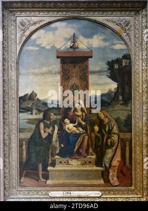 Paris (1. Arr.), Frankreich die Jungfrau und das Kind zwischen dem Heiligen Johannes dem Täufer und der Heiligen Maria Magdalena, Cima da Conegliano, Louvre Museum, Religion, Kunst, Museum, Christentum, Malerei, Frankreich, Paris, Louvre Museum : die Jungfrau und das Jesuskind (Cima), Louvre, 28/06/1920 - 28/06/1920, Léon, Auguste, Fotograf, Autochrome, Foto, Glas, Autochrome, Foto, positiv, Vertikal, Format 9 x 12 cm Stockfoto