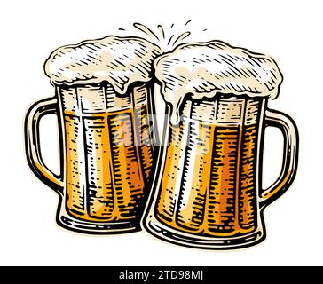 Von Hand gezeichnete zwei Bierbecher zum Toasten. Klirrende Glasbehälter voller Bier und Schaumspritzer. Cheers, Vektor-Illustration Stock Vektor